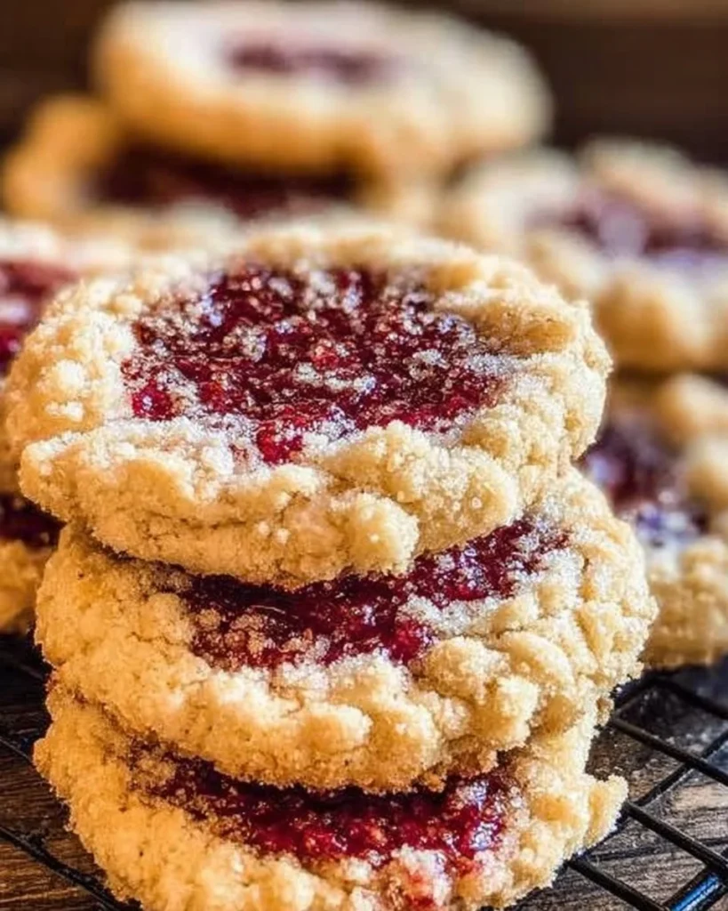 Buttery raspberry crumble cookies with sweet jam filling on a plate