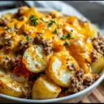 Cheesy ground beef and potato casserole baking in a dish