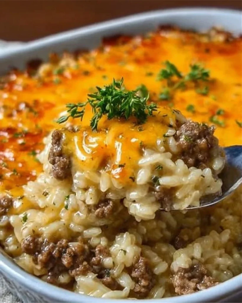Cheesy Ground Beef Rice Casserole served on a plate