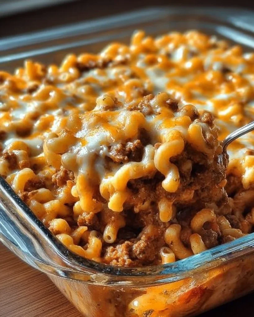 Cheesy hamburger casserole topped with melted cheese and garnished with parsley.