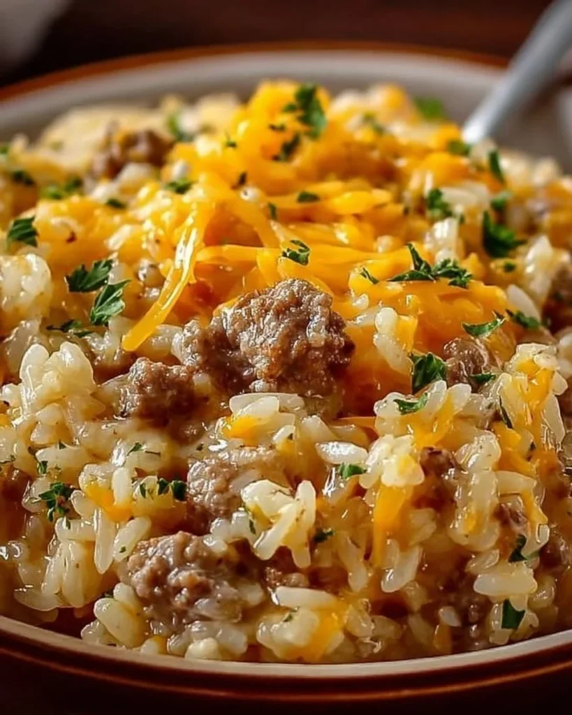 Cheesy hamburger rice casserole topped with melted cheese and served in a bowl