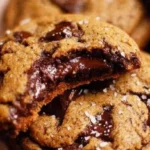 Chewy pumpkin chocolate chip cookies on a rustic wooden table.