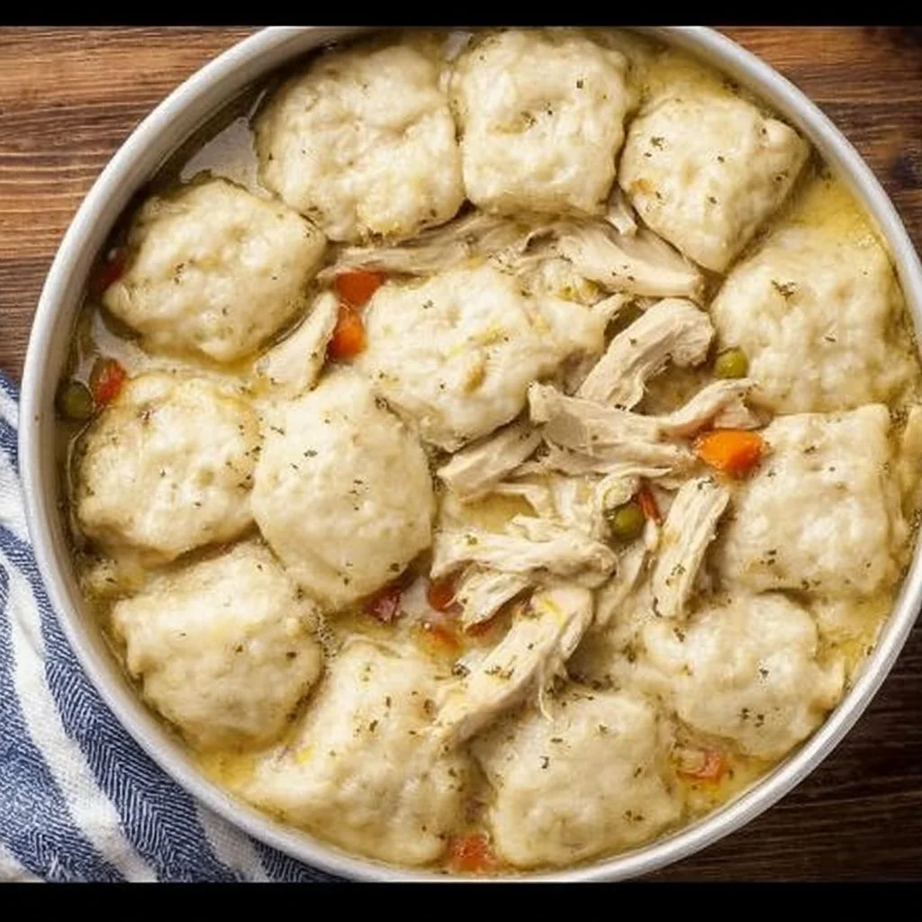 Delicious bowl of homemade Chicken and Dumplings with fresh herbs