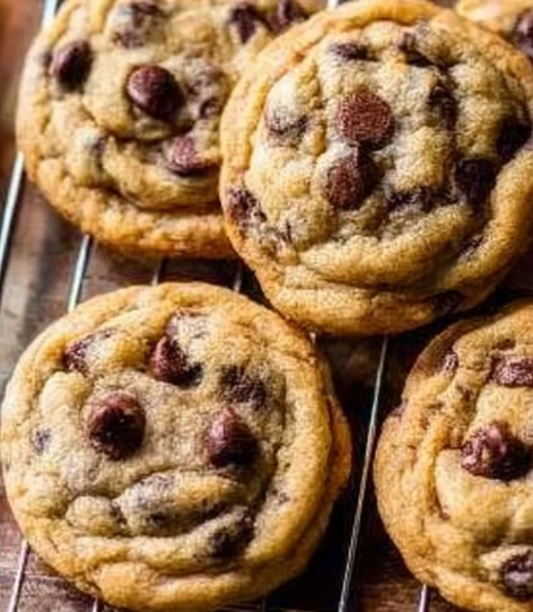 Freshly baked chocolate chip cookies on a cooling rack