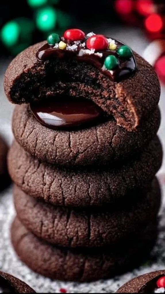 Delicious Chocolate Thumbprint Cookies topped with chocolate filling and sprinkles.