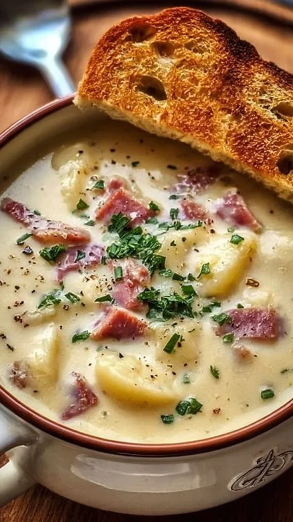 Bowl of creamy Reuben soup garnished with parsley and served with crusty bread.