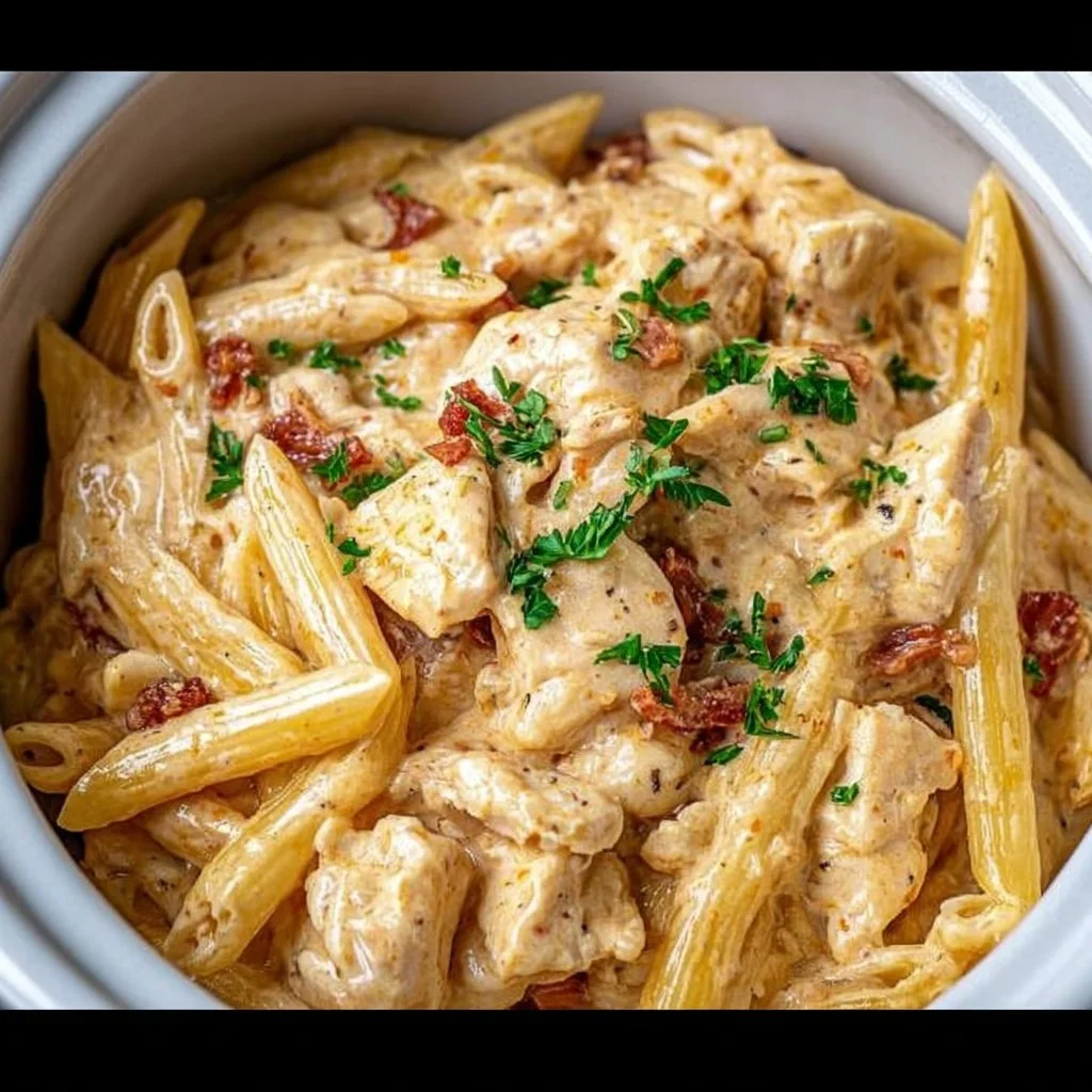 A delicious plate of Crock Pot Creamy Cajun Chicken Pasta garnished with parsley.
