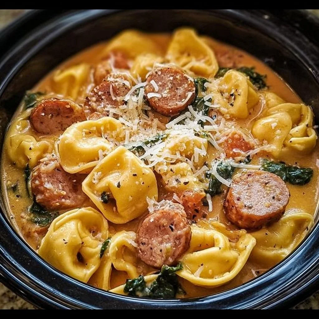 Crockpot Cheese Tortellini and Sausage served in a bowl