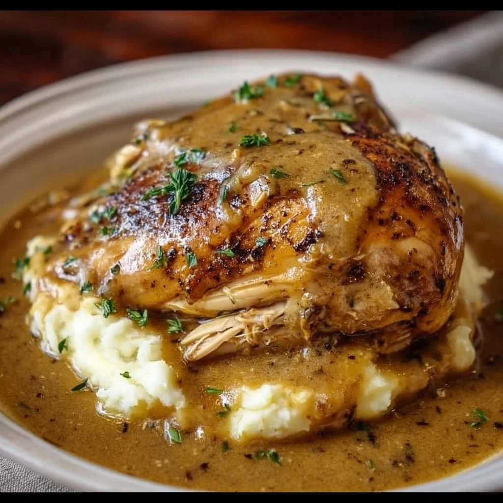 Hearty crockpot chicken and gravy served over mashed potatoes