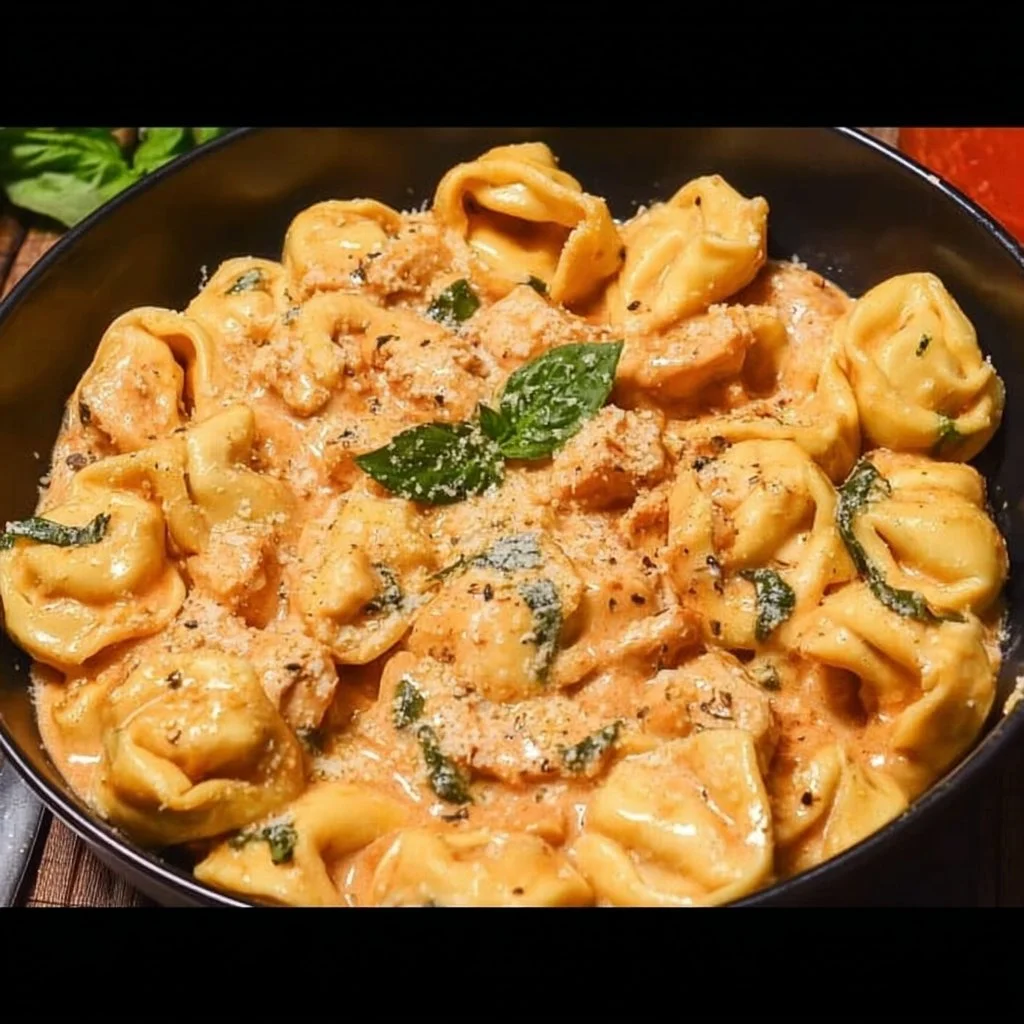 Bowl of CrockPot Chicken Tortellini garnished with herbs