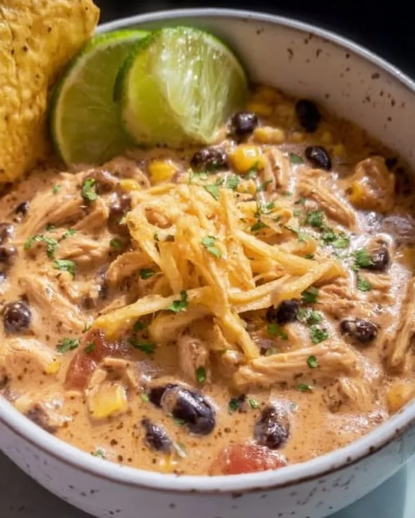 Creamy crockpot white chicken chili with cream cheese in a bowl