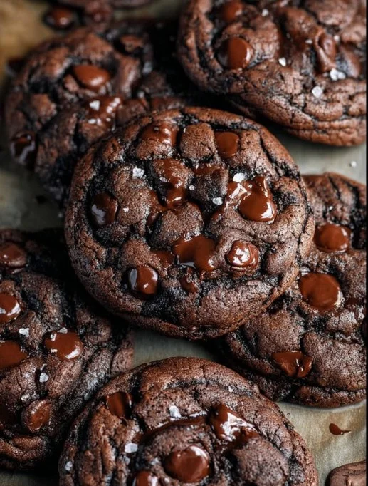 Plate of delicious double chocolate chip cookies with melty chocolate chunks