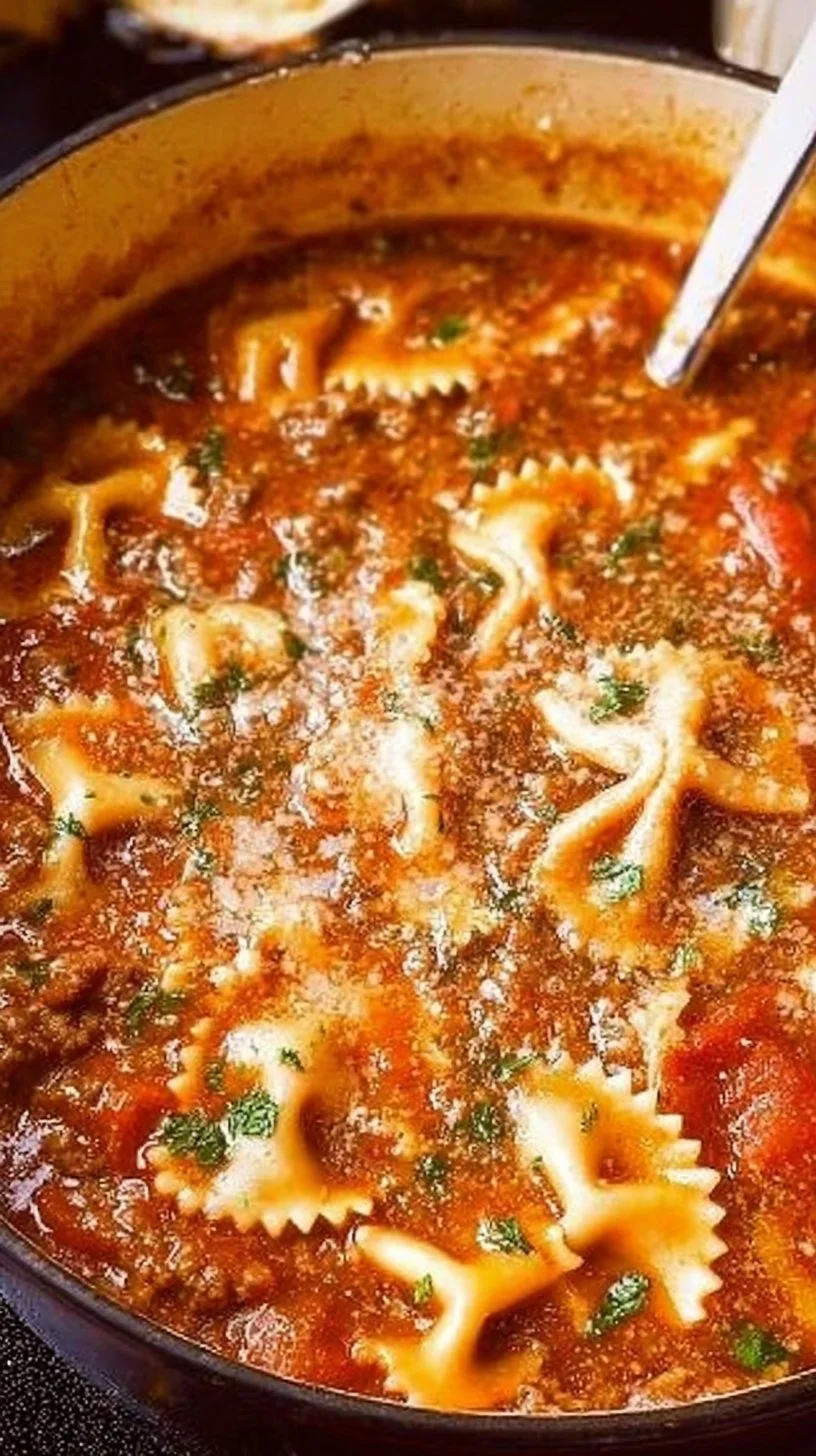 A bowl of easy lasagna soup garnished with cheese and herbs