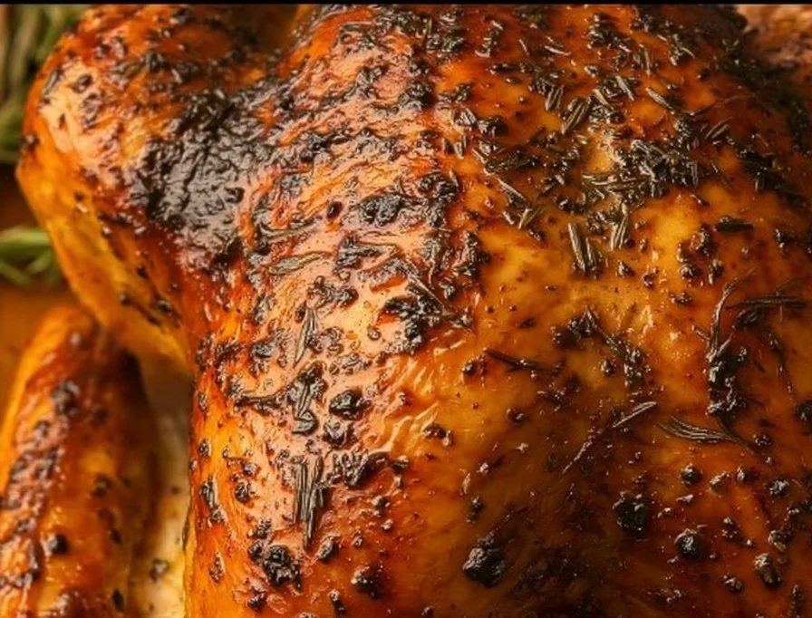 plated easy roast turkey garnished with herbs and vegetables