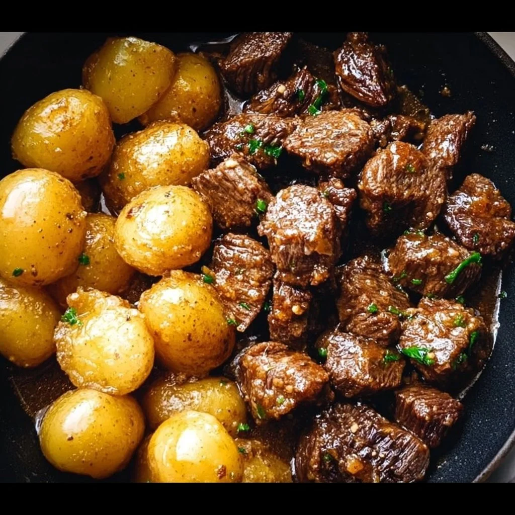 Delicious Garlic Butter Beef Bites served with golden potatoes