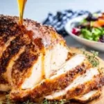 Garlic Butter Boneless Turkey Breast served on a platter with herbs.