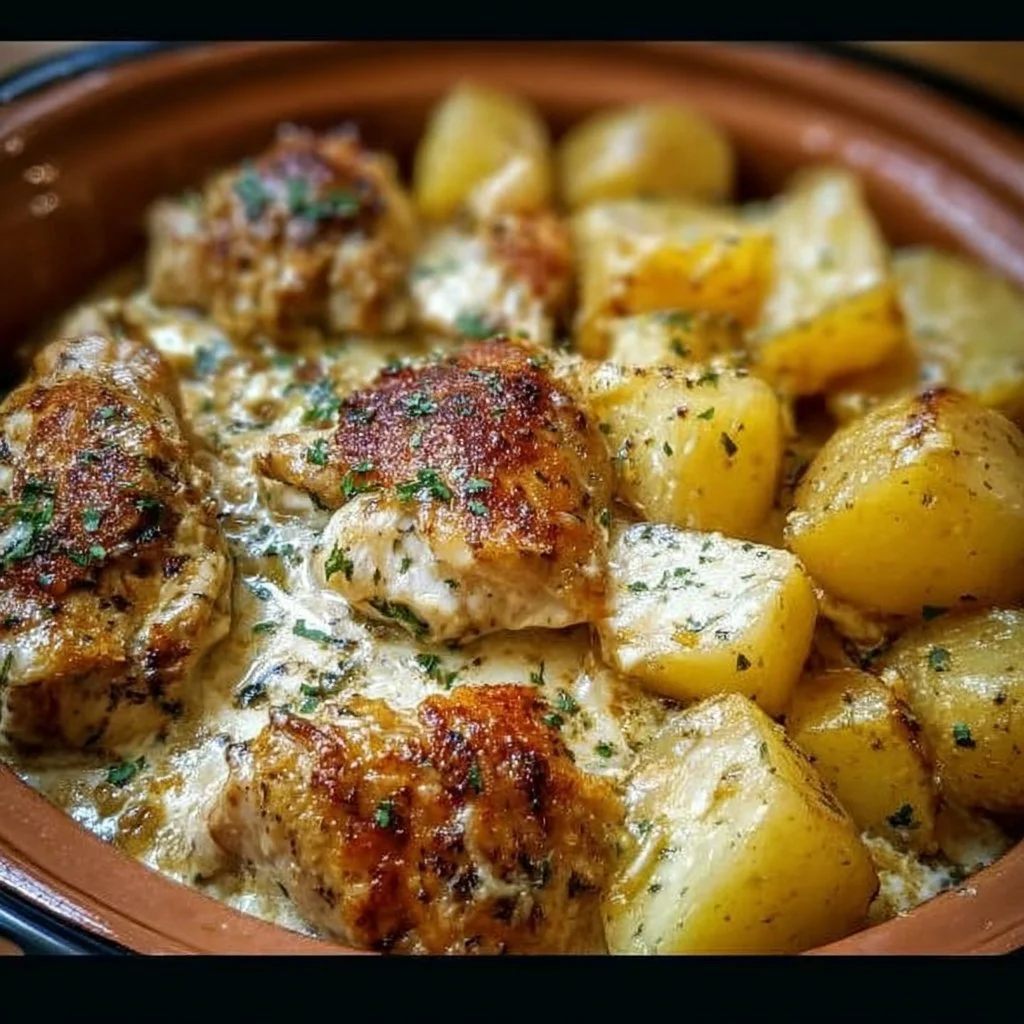 Crockpot Garlic Parmesan Chicken with Potatoes, a delicious and easy recipe.