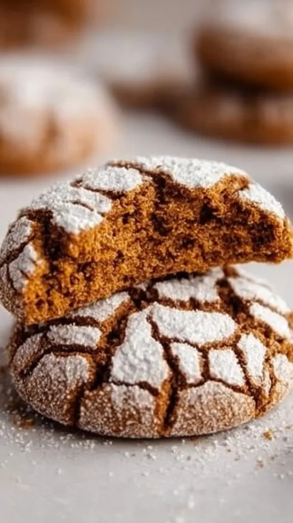 Homemade Gingerbread Crinkle Cookies with powdered sugar topping