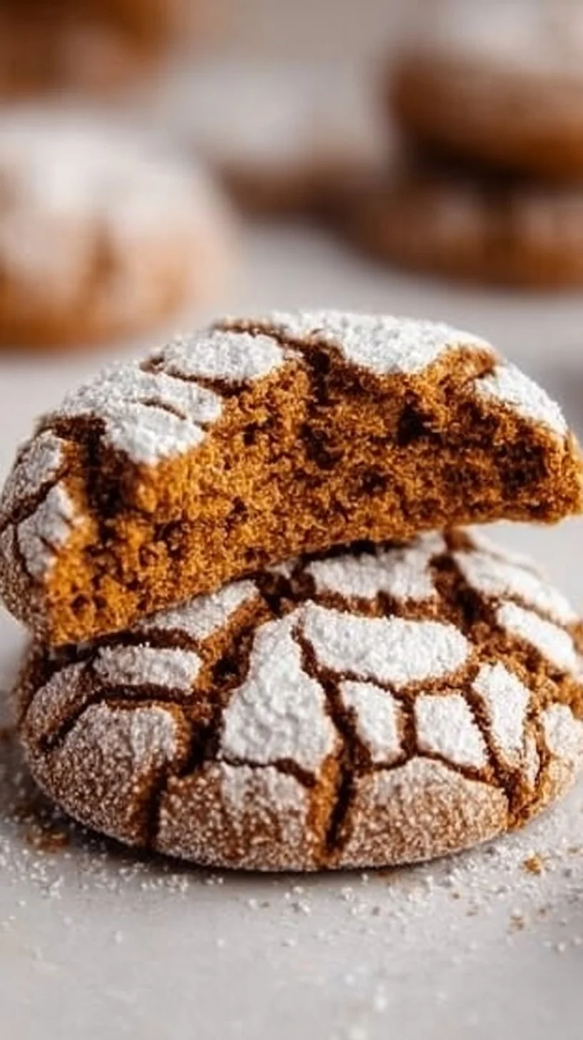 Homemade Gingerbread Crinkle Cookies with powdered sugar topping