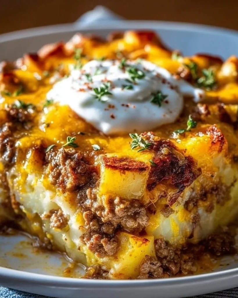 Ground beef and potatoes casserole served in a rustic dish