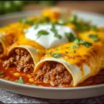 Plate of ground beef enchiladas covered in cheese and sauce