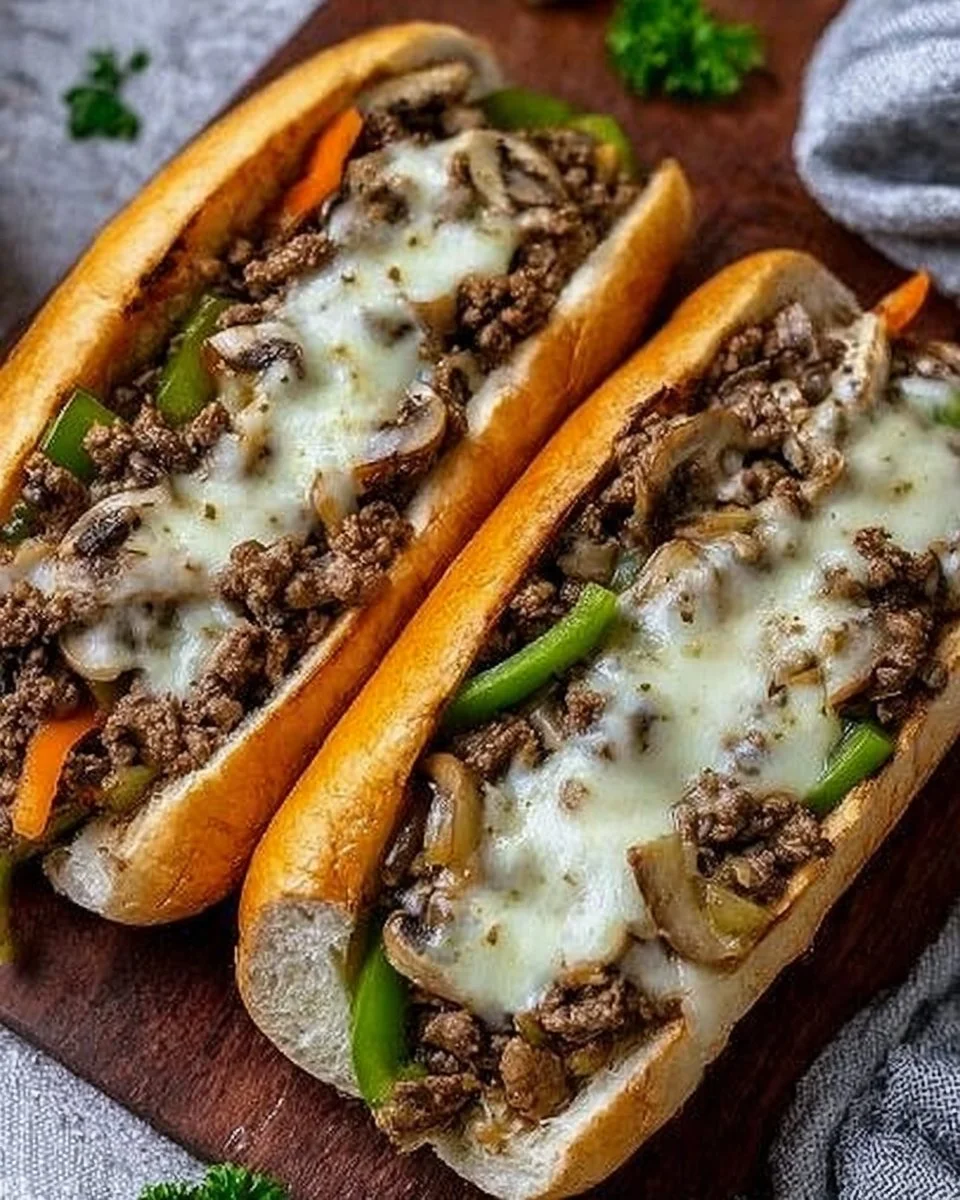 Delicious ground beef Philly cheesesteaks served on a toasted hoagie roll