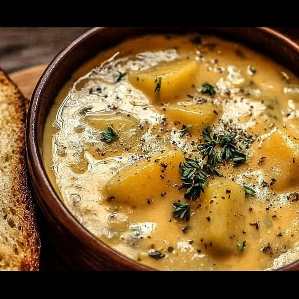 Bowl of hearty cheddar garlic herb potato soup topped with fresh herbs