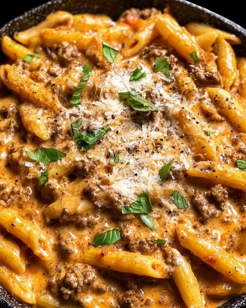 Creamy beef pasta dish served in a bowl, ideal for a weeknight dinner.