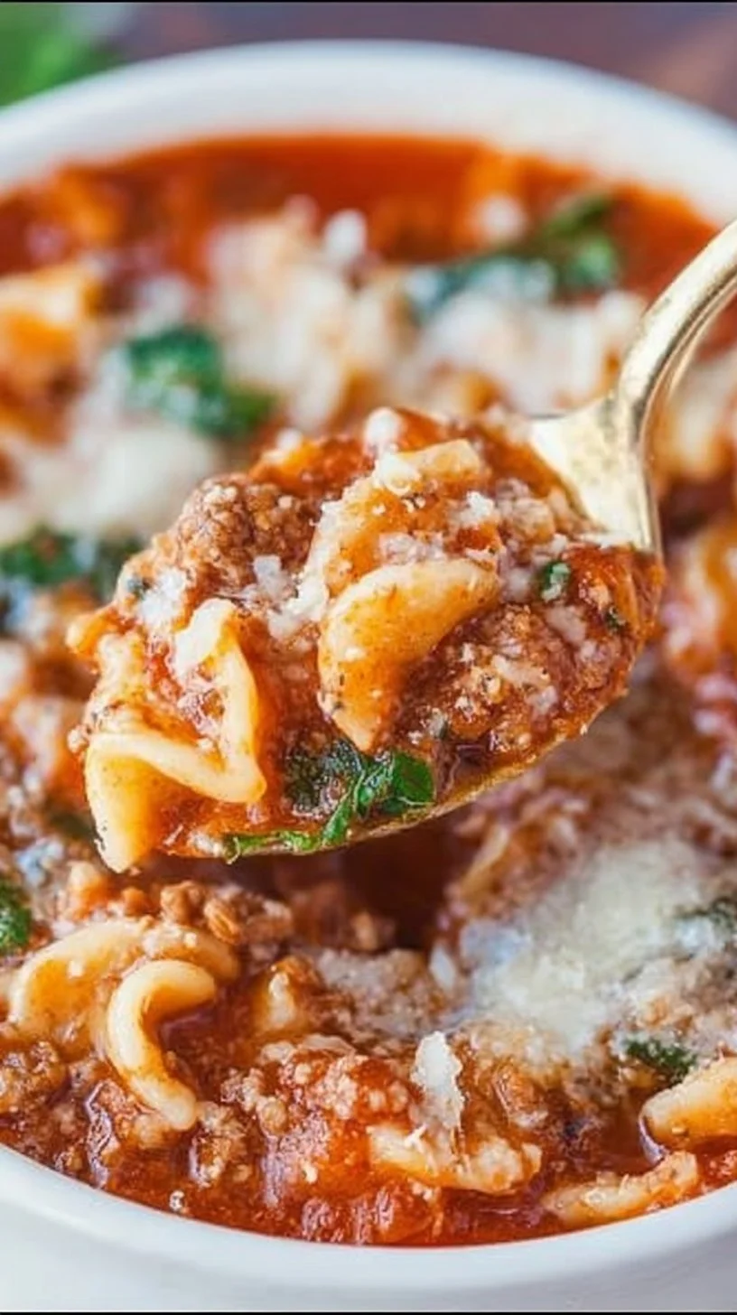 A bowl of high protein lasagna soup topped with cheese and fresh herbs.