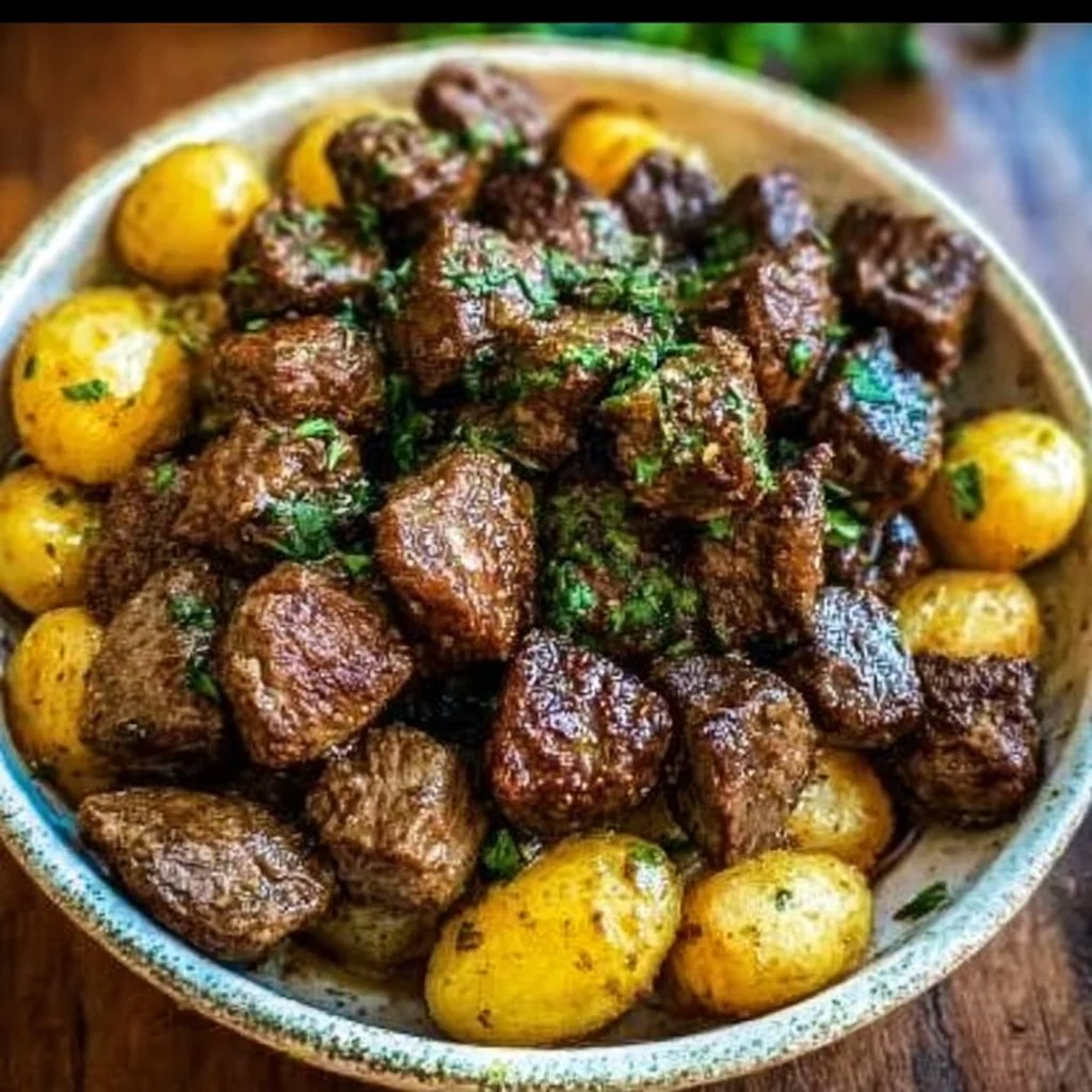 High protein slow cooker garlic butter beef bites served in a bowl