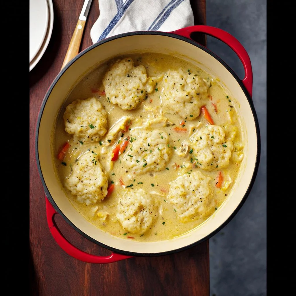 Delicious homemade chicken and dumplings served in a bowl