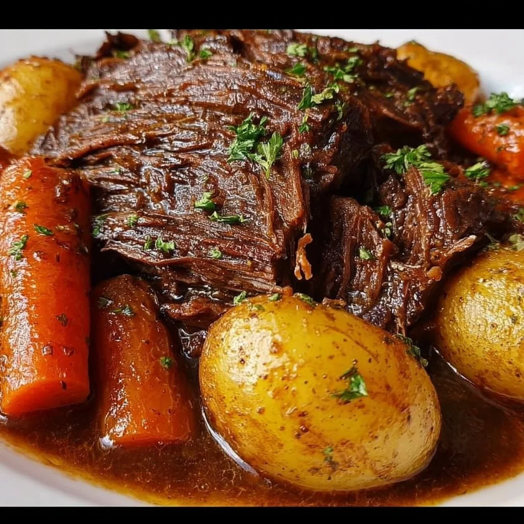 Delicious slow cooker pot roast served with vegetables on a plate