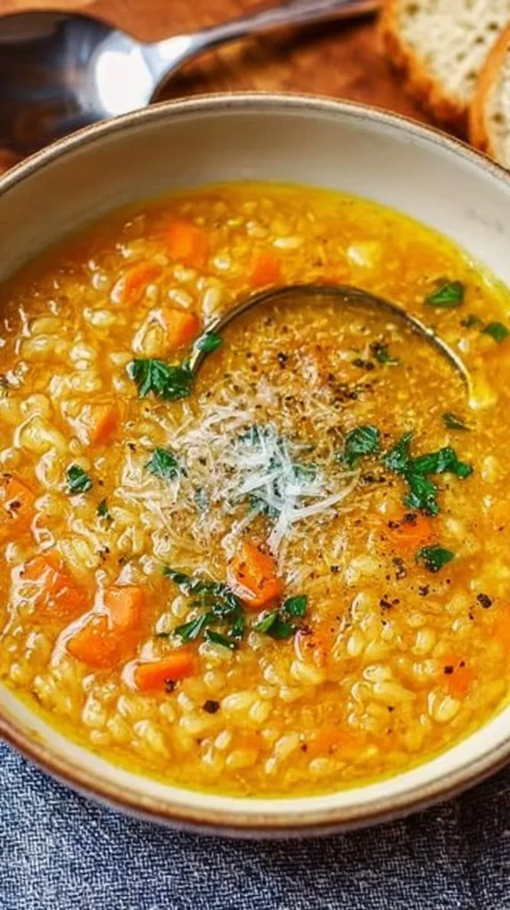 Bowl of Italian Penicillin Soup with herbs and ingredients on a wooden table