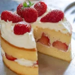 Delicious Japanese strawberry shortcake topped with fresh strawberries and cream