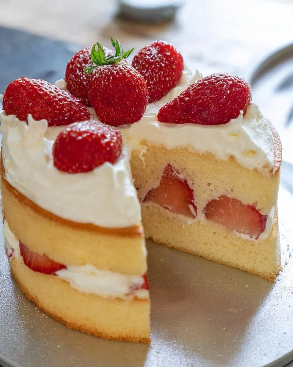 Delicious Japanese strawberry shortcake topped with fresh strawberries and cream