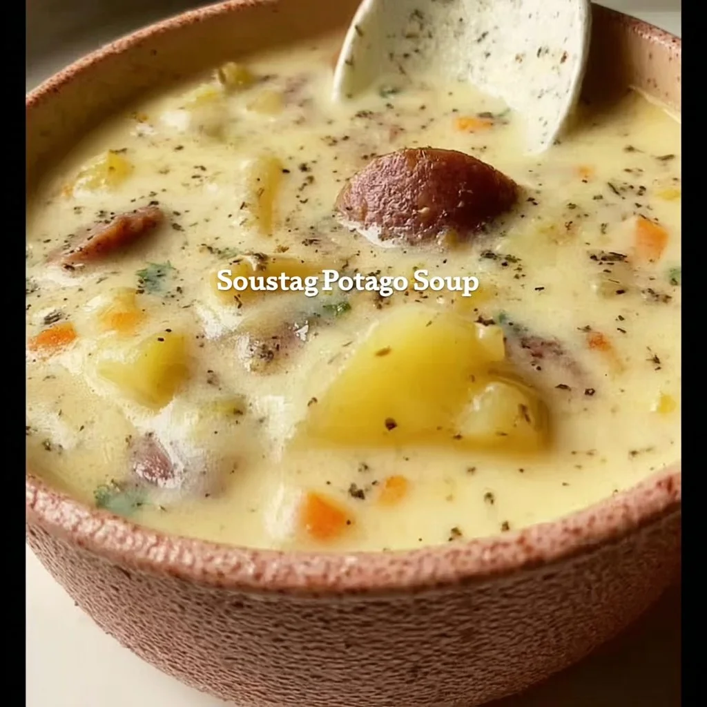A bowl of legendary sausage potato soup with chunks of sausage and potatoes.