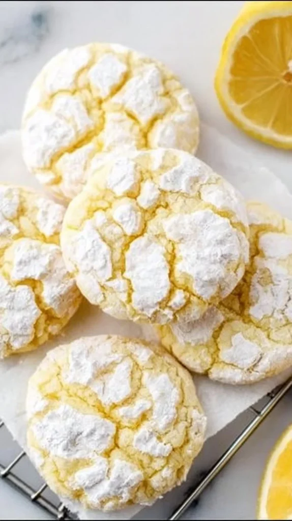 Freshly baked Lemon Crinkle Cookies dusted with powdered sugar