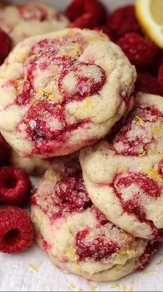 Lemon Raspberry Cookies on a plate with a fresh lemon and raspberries