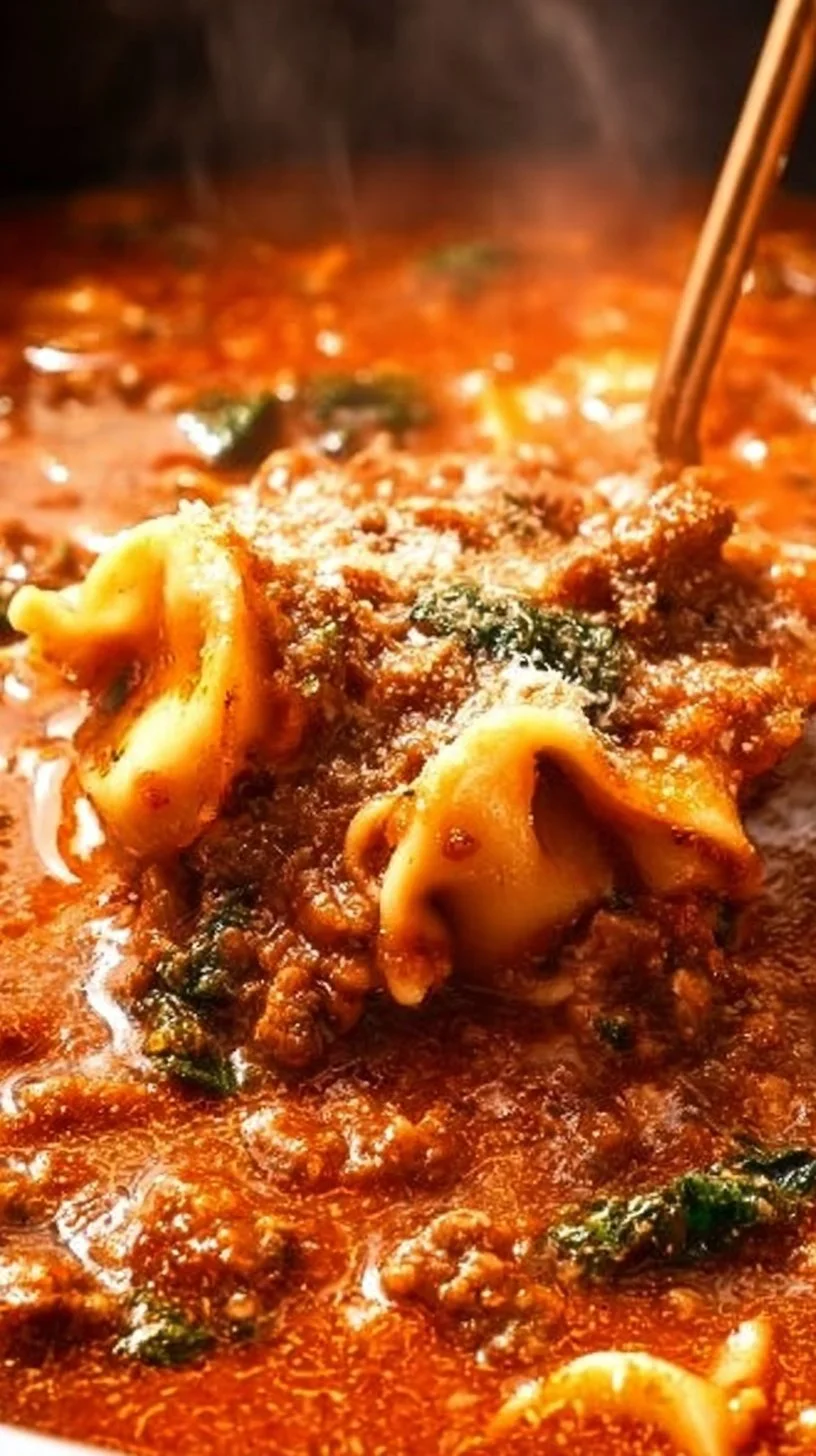 Delicious one pot lasagna soup served in a bowl with fresh herbs