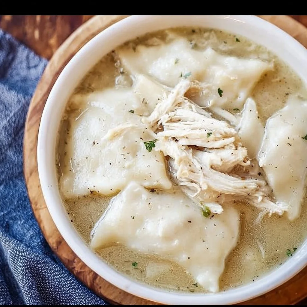 Bowl of Old-Fashioned Chicken and Dumplings with herbs and vegetables