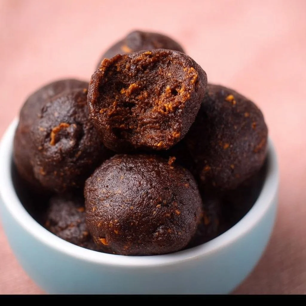 Delicious no-bake brownie batter protein balls on a plate