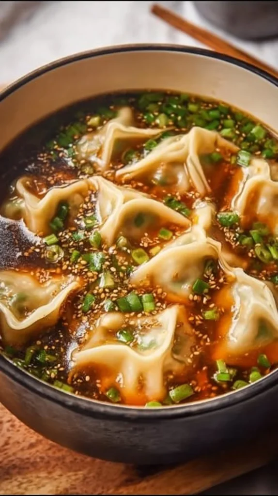 A bowl of delicious Potsticker Soup topped with green onions and herbs