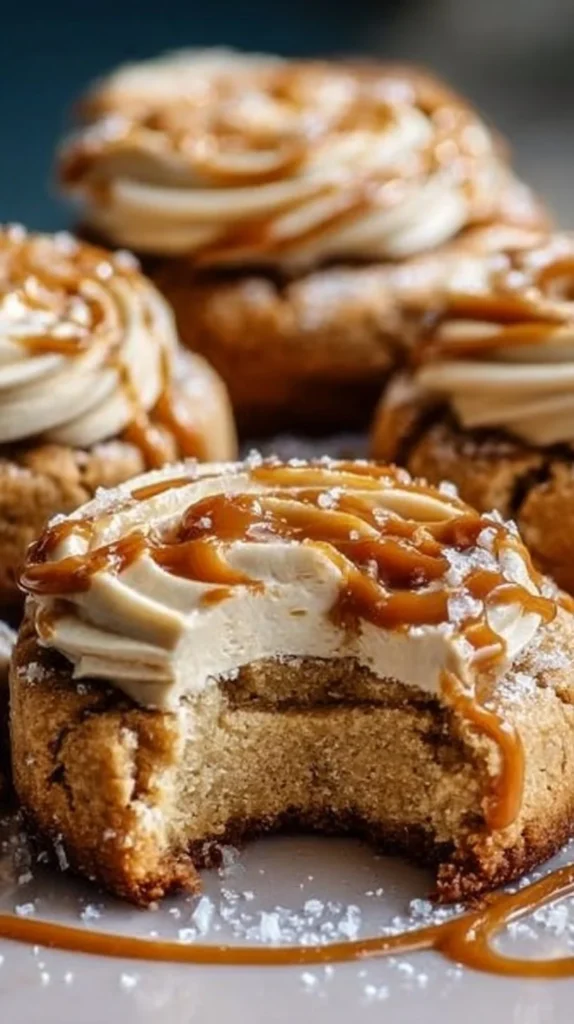 Delicious salted caramel cheesecake cookies topped with drizzled caramel