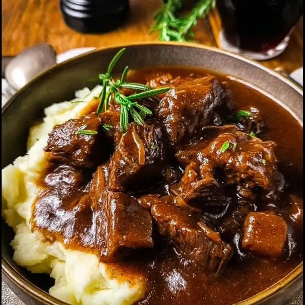 Slow Cooker Beef Manhattan served with gravy and vegetables.