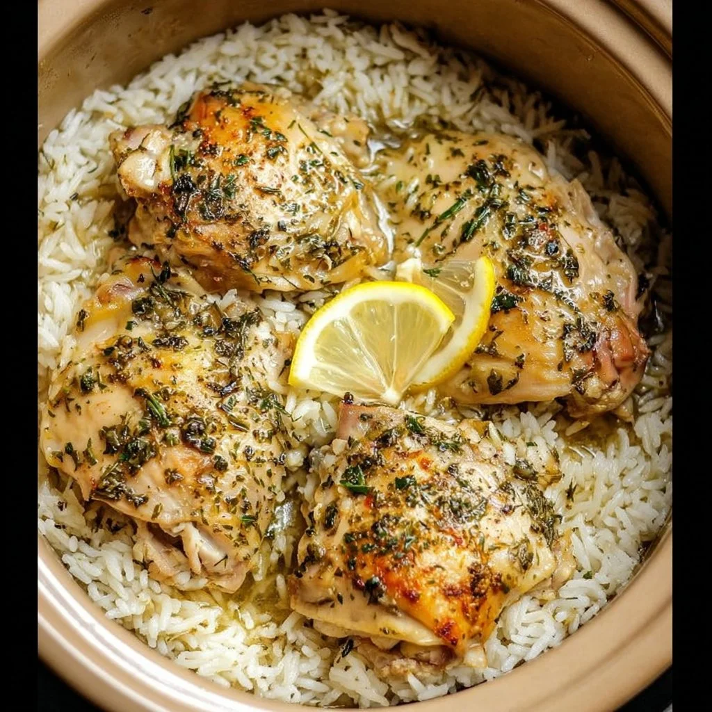 Delicious Slow Cooker Lemon Herb Chicken with fluffy rice
