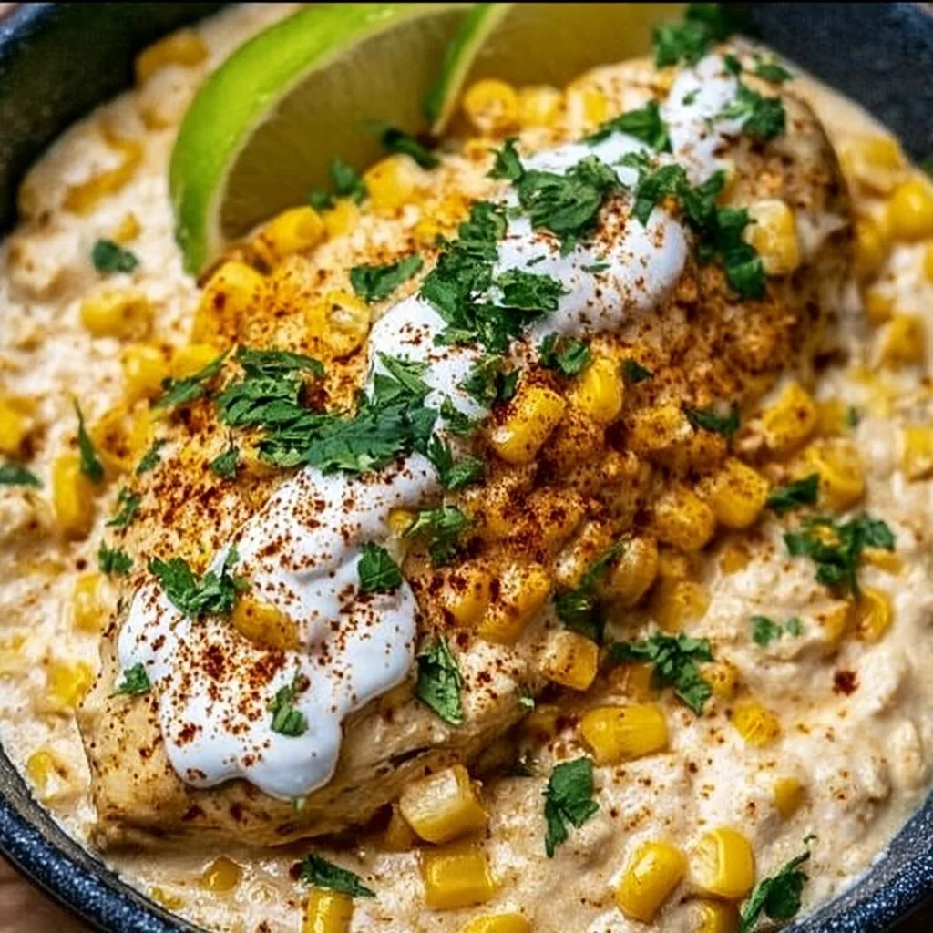 Slow cooker street corn chicken garnished with fresh herbs and spices