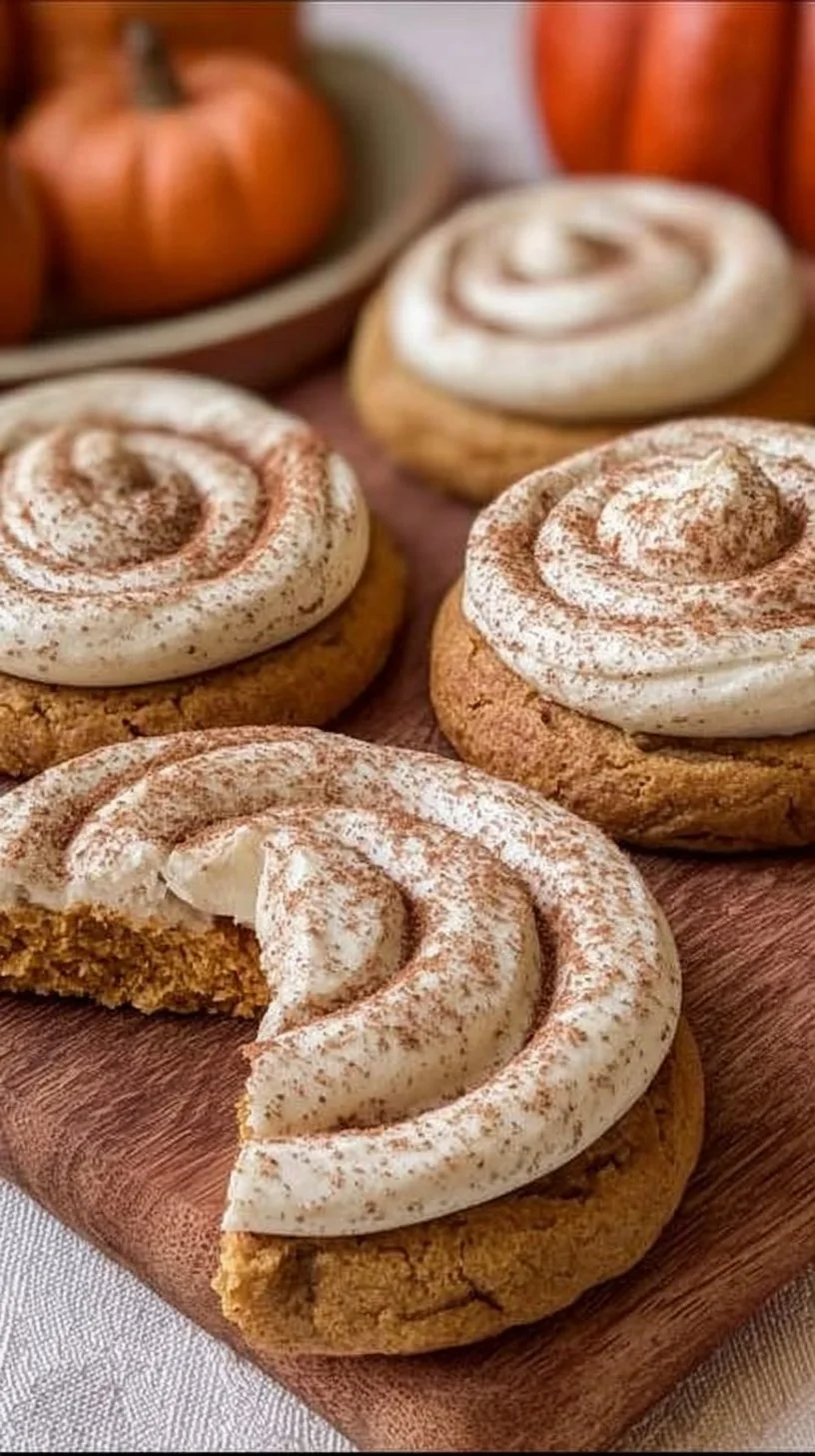 Soft pumpkin cookies with cinnamon frosting on a white plate