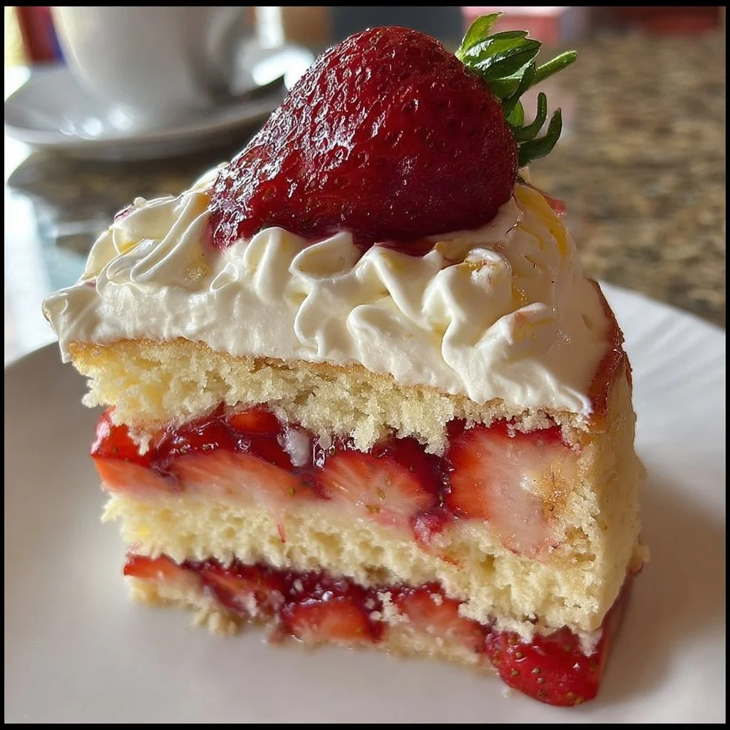 Slice of Strawberry Lemon Shortcake with fresh strawberries and lemon zest