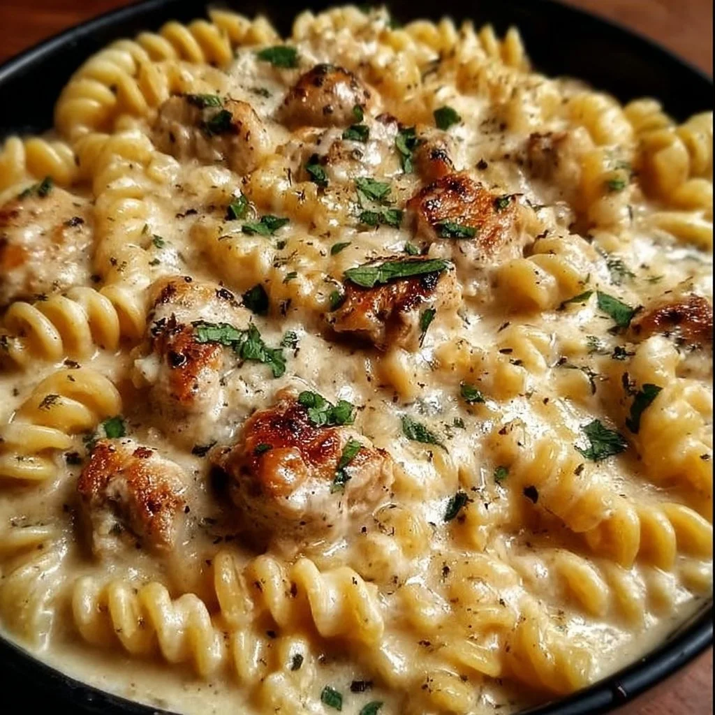 Crockpot garlic parmesan chicken pasta garnished with herbs in a bowl
