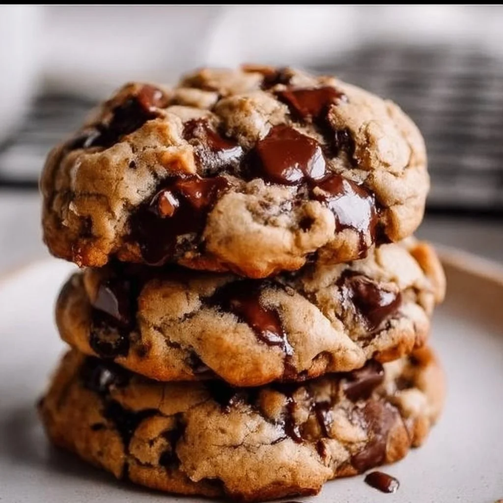 A freshly baked giant chocolate chip cookie on a cooling rack.